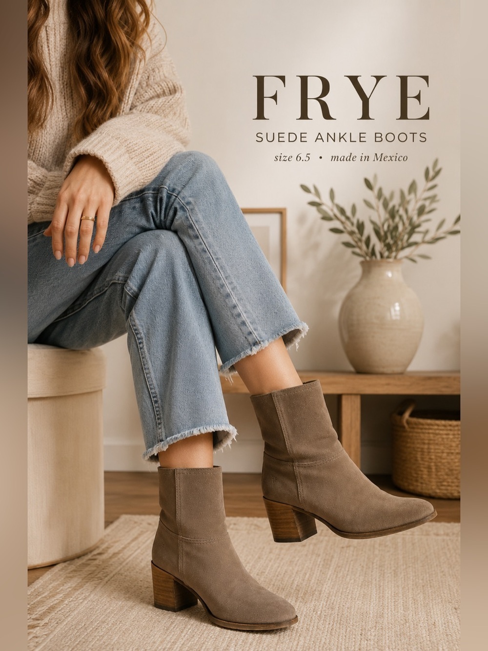 Frye Women’s Taupe Suede Ankle Boots Size 6.5 Block Heel Leather Made in Mexico